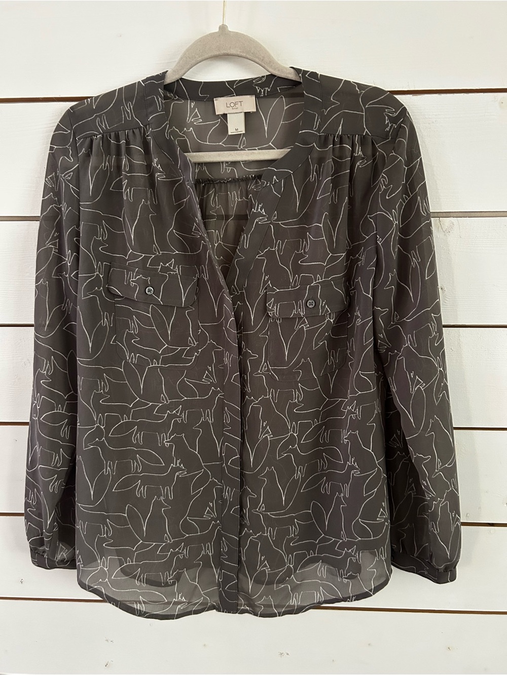 Loft Gray Long Sleeve Split Neck Semi Sheer Button Up Fox Blouse Women’s Medium